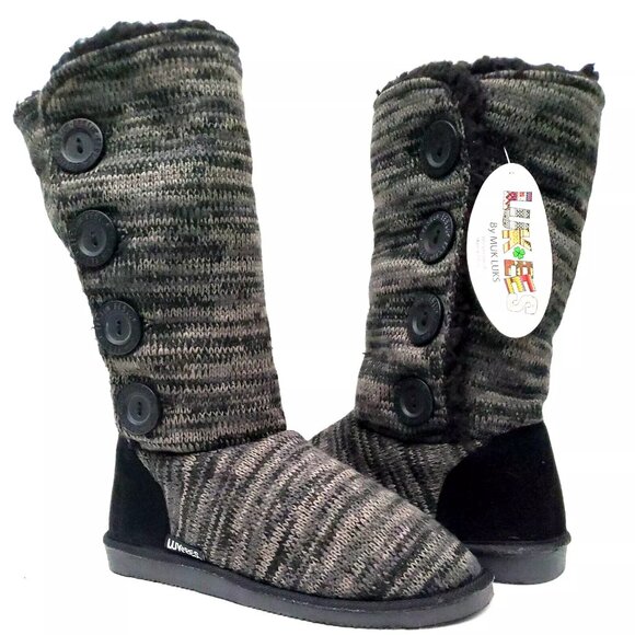 MUK LUKS Liza Knit Buttoned Oxford Ebony Marble Winter Boots Women's Size 8 - Picture 1 of 12